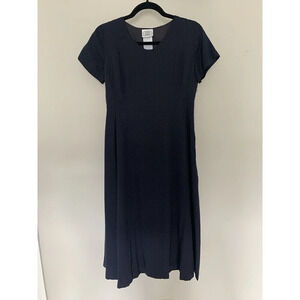Ashley Stewart Navy Blue Midi A-line Silk Short Sleeve Side Zip Dress Size 10